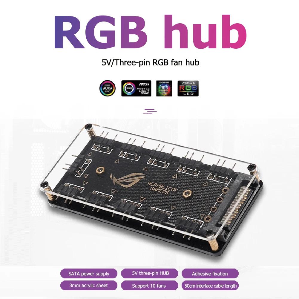 

10 Ports RGB Fan HUB PC Computer Desktop 5V 3PIN ARGB Extension Splitter SATA Power Adapter for Gigabyte MSI ASUS