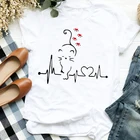 Женская Повседневная футболка с принтом в виде кота и сердцебиения, в стиле Kawai 90-х, футболка для женщин, одежда, футболка, Женский Топ, футболка с графическим рисунком