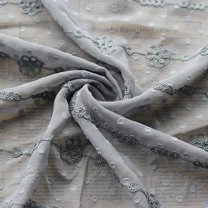 Бежевая серая розовая мягкая жаккардовая шифоновая ткань с вышивкой для платьев