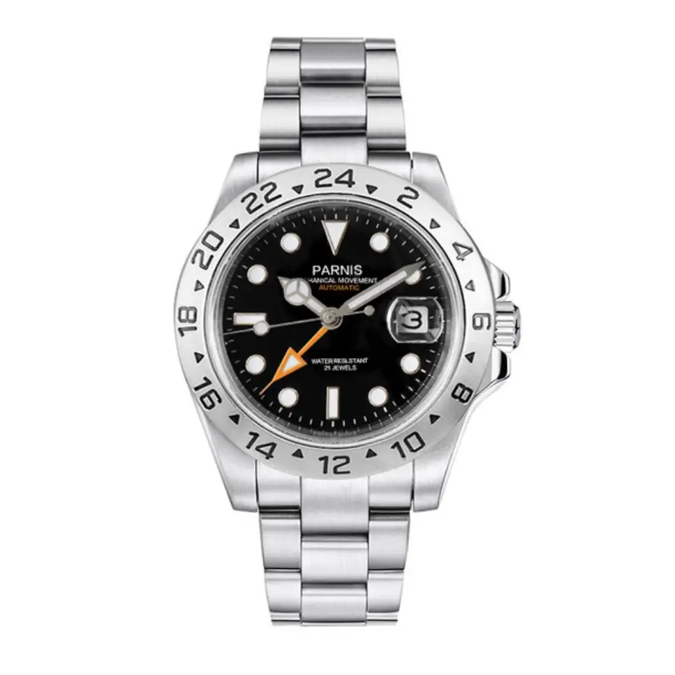 

New Parnis 40mm Silver Case Stainless steel strap Mechanical Automatic Men Watch Black Dial Orange GMT Luminous Wristwatch