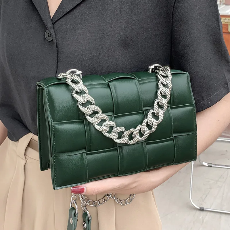 

Green Weave Women's Tote Bag Luxury Leather Woven Shoulder Bag Chain Plaid Crossbody Handbags Ladys Small Flap Messenger Bag Sac