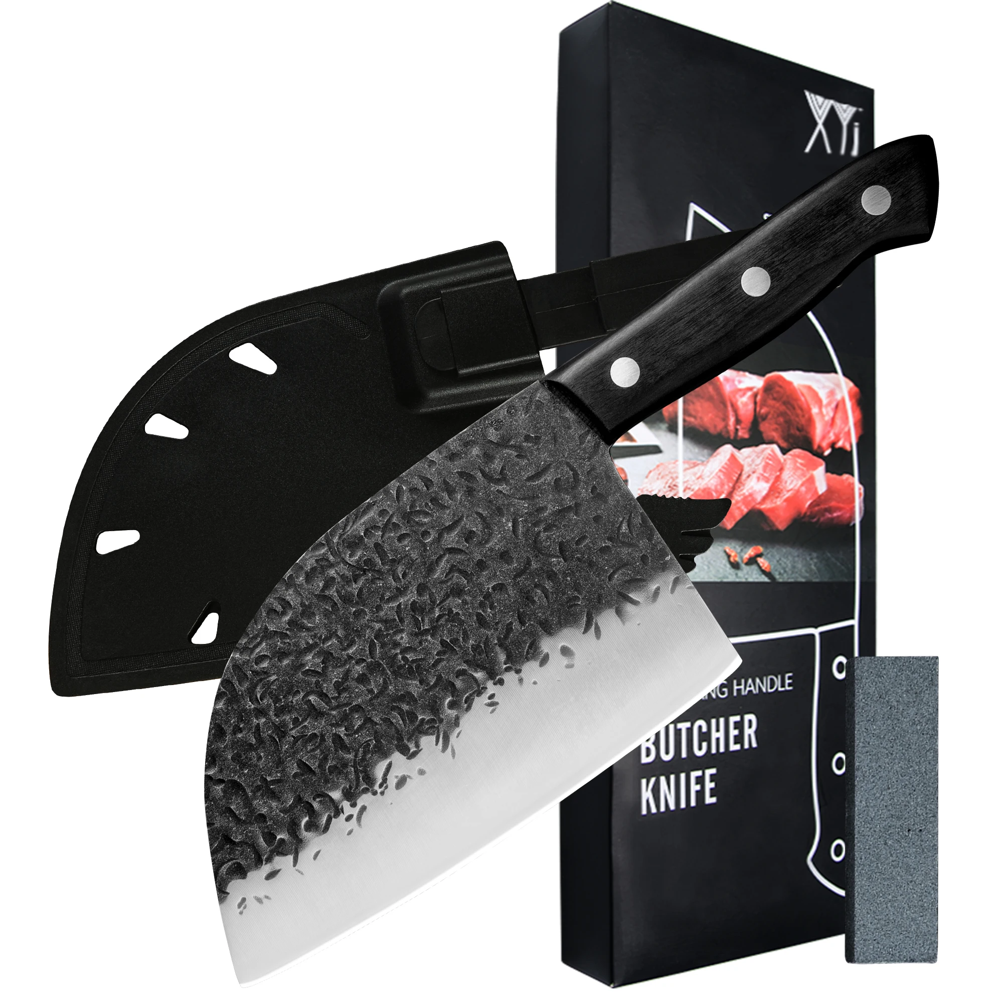 

XYJ 7 Inch Full Tang Butcher Knife Set Non-stick Blade Stainless Steel Chef Cleaver Knives With Plastic Sheath And Whetstone