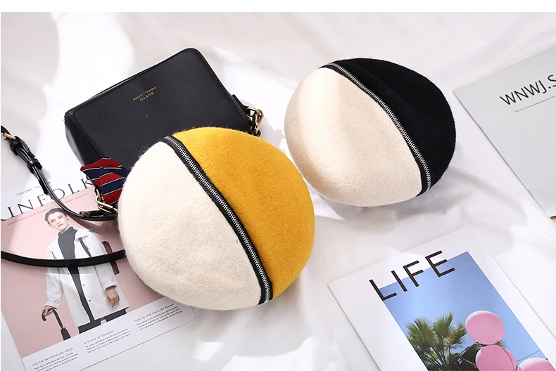 Женский шерстяной берет на молнии два цвета для весны осени и зимы | Аксессуары