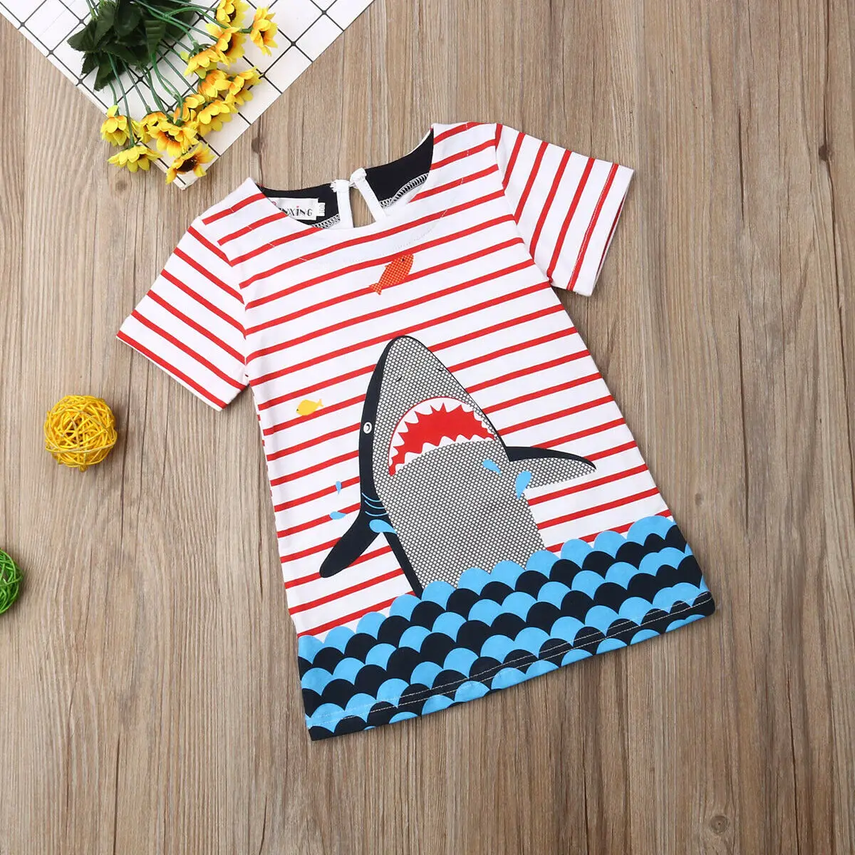 Новое летнее хлопковое платье в полоску с принтом акулы для маленьких девочек