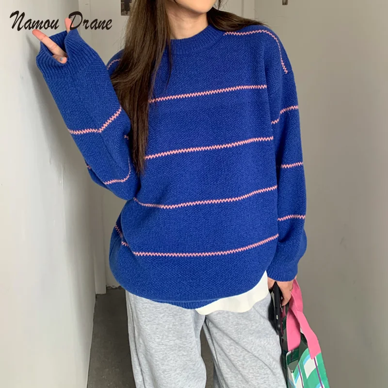 

Женский полосатый свободный свитер с круглым вырезом и длинным рукавом