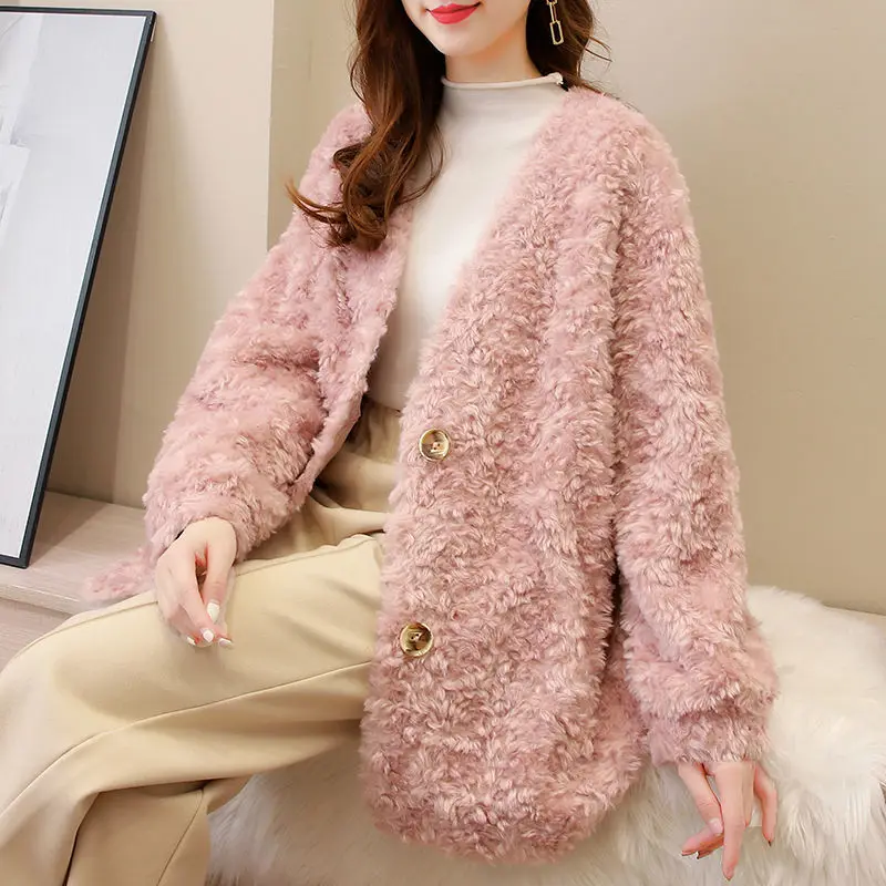 Women 2022 Autumn Winter New Fashion Real Lamb Wool Coat Natural Fur Jacket Female Long Sleeve Granule Warm Outerwear X836 enlarge