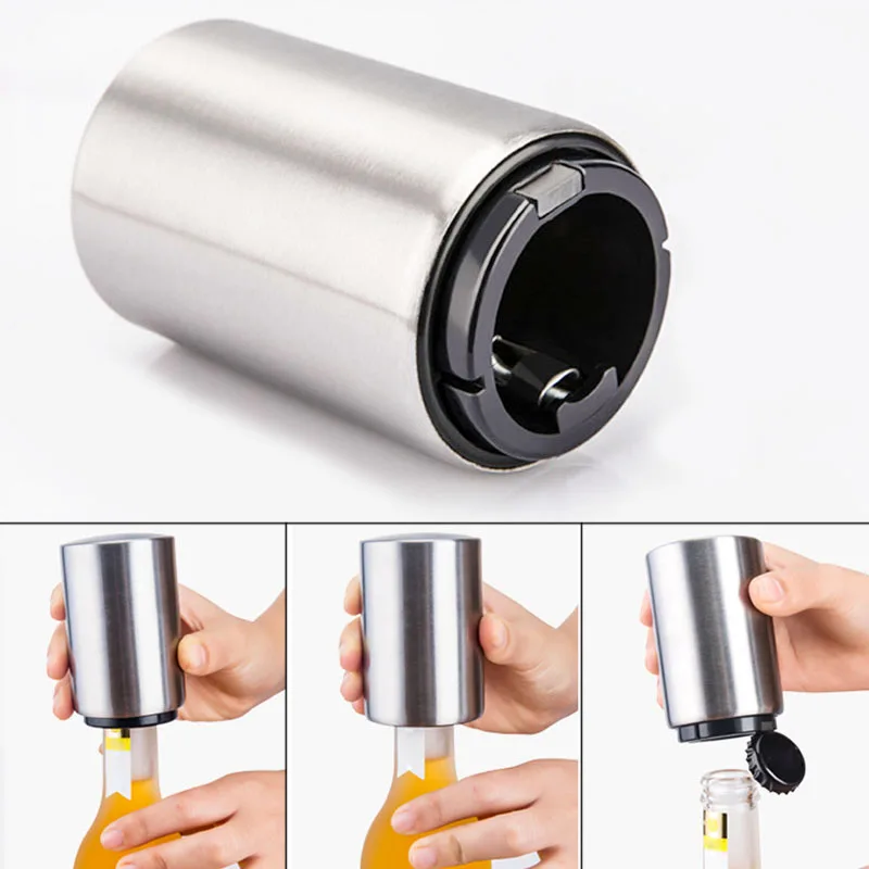 

Portable Magnetic Automatic Bottle Opener Stainless Steel Push Down Wine Beer Openers QP2