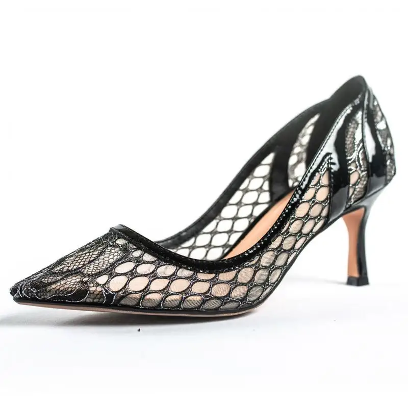 

Johnature Thin Heels Pumps Women Shoes 2021 New Spring Lace Pointed Toe Genuine Leather Elegant Casual Sewing Ladies Shoes