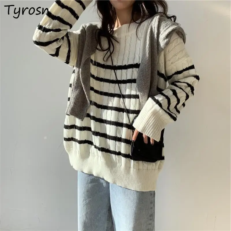 

Women Pullovers Stripes Fashionable Japan Style Harajuku Streetwear Loose Leisure All-match Simple Sweaters Retro Twist Knitting