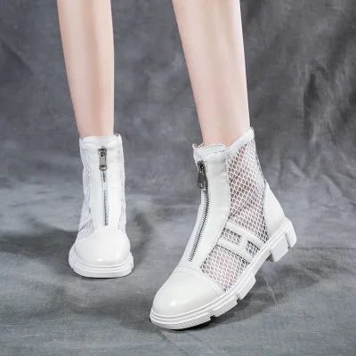 

Leather Cool Boots Women 2020 Summer New Breathable Low-heeled British Wind Boots Women Hollow Mesh Yarn Martin Boots