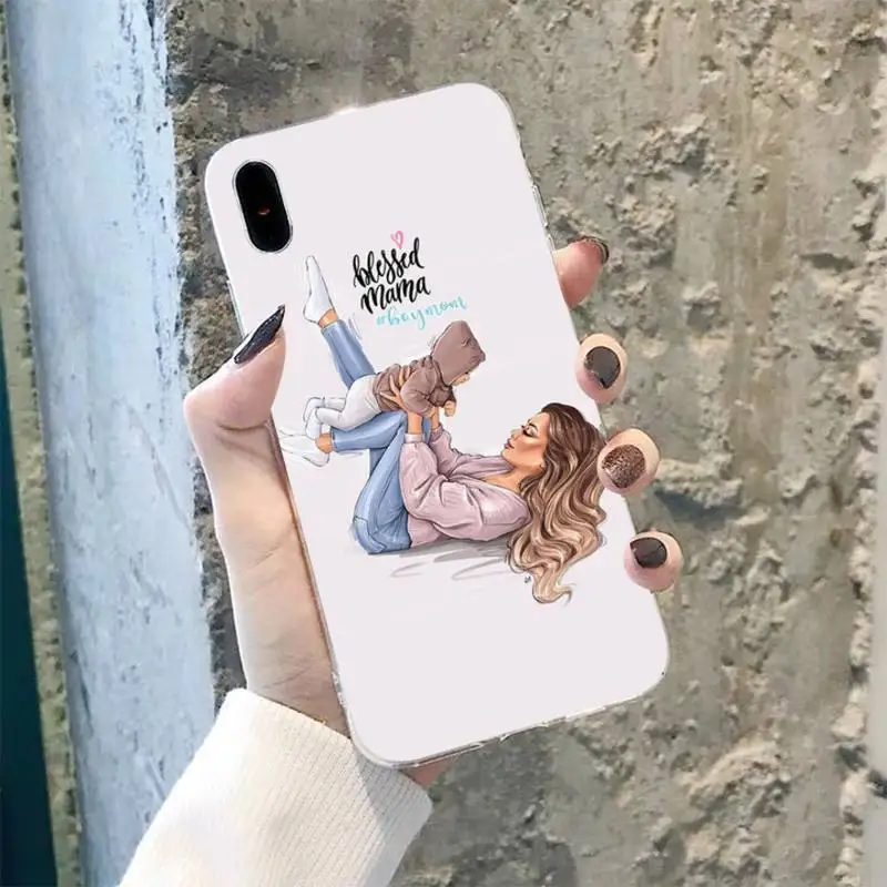 Black Brown Hair Baby Mom daughter Girl Son Dad Phone Case for iphone 13 12 11 pro max 8 7 6 6S Plus X 5S SE 2020 XR XS MAX