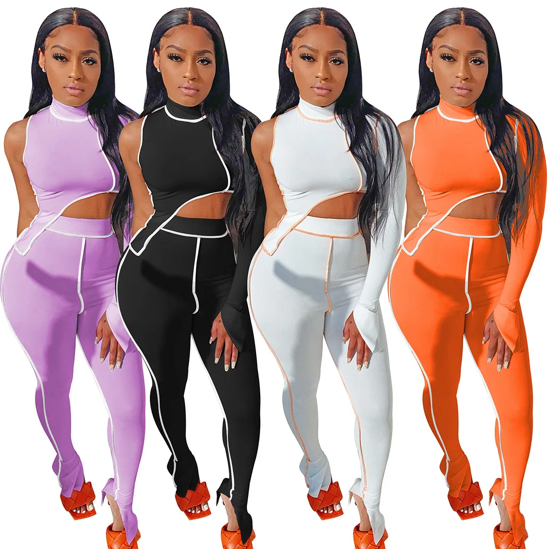 

Primadonna Fitness Tracksuit Two Piece Set Women Asymmetry Single Long Sleeve Crop Top+split Hem Pencil Pant Streetwear Suit