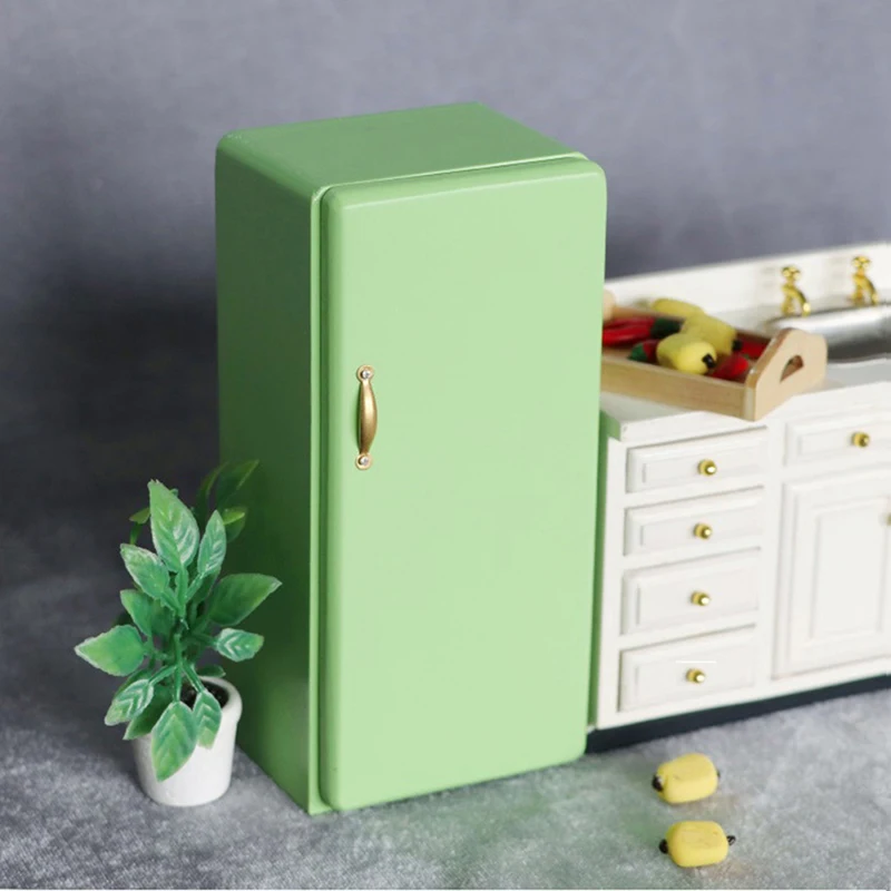 

1:12 Dollhouse Miniature Furniture Green Theme Wooden Vintage Fridge For Kitchen Or Dining Room Doll House Decoration