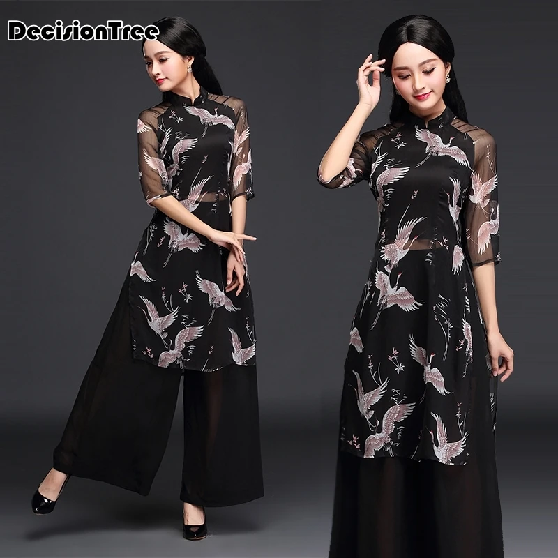 Женский шифоновый aodai вьетнамская традиционная одежда ao dai вьетнамские халаты и брюки цельный комплект женских платьев Улучшенный Чон