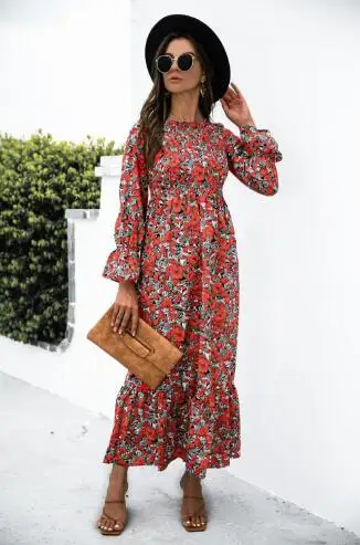 

2022 European and American autumn women's fashion Vestidos round neck print polka dot bubble sleeve mid-waist long skirt Dresses
