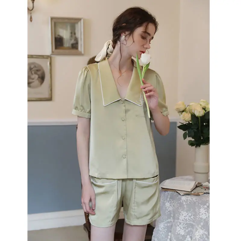 QWEEK Silk Women's Nightie Summer 2021 Pajamas French Elegant Pyjama Pour Femme Short Sleeve Pijama V-Neck Set 2 Pcs Sleepwear