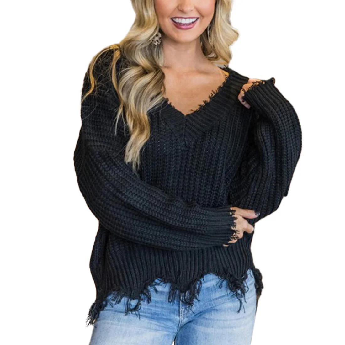 

Off The Shoulder V-neck Autumn Sweater For Women Fringe Distressed Knitted Jumper Female Tops Long Sleeve Pullover Knitwear