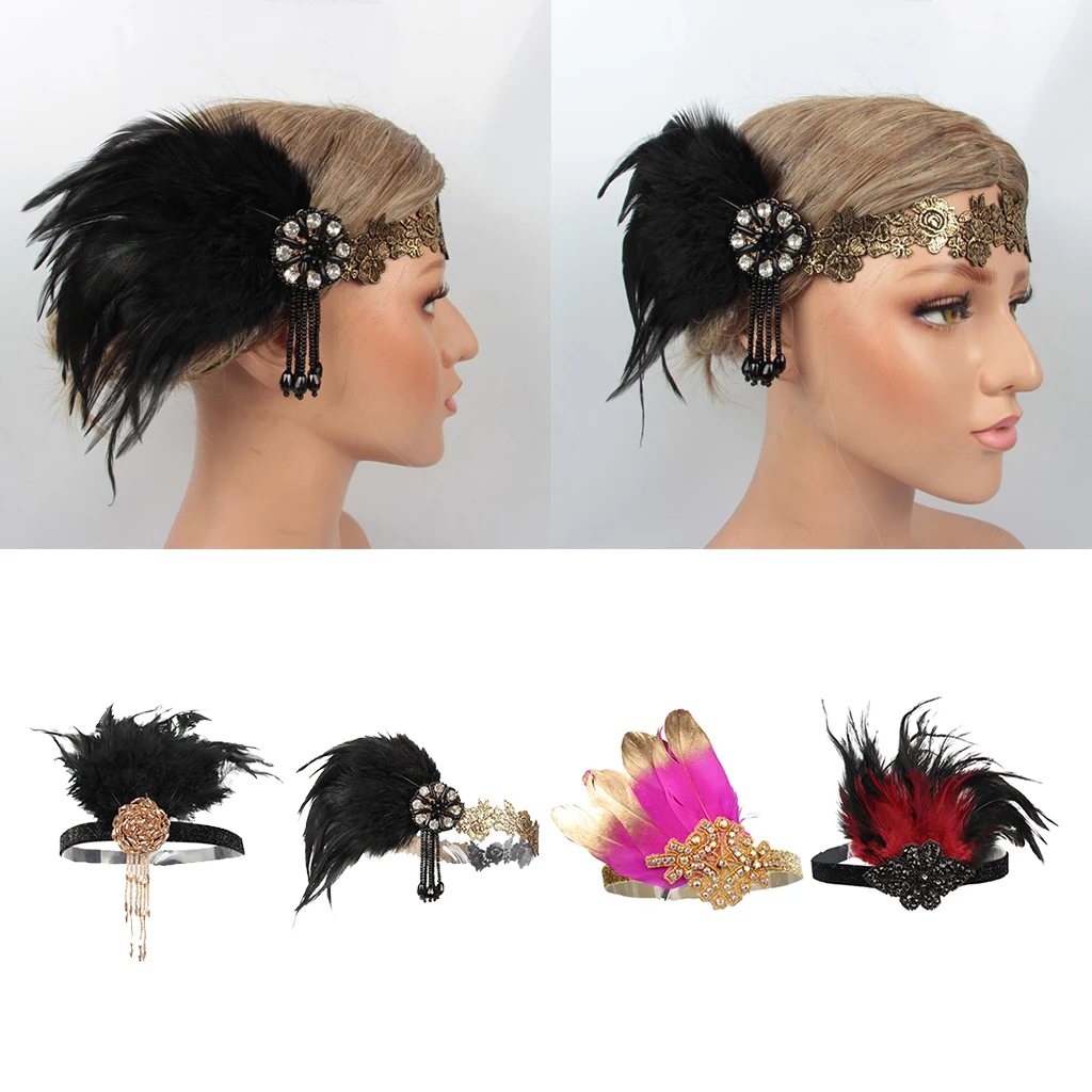 Женская винтажная повязка на голову с перьями 20s Flapper головной убор-ревущий 1920s