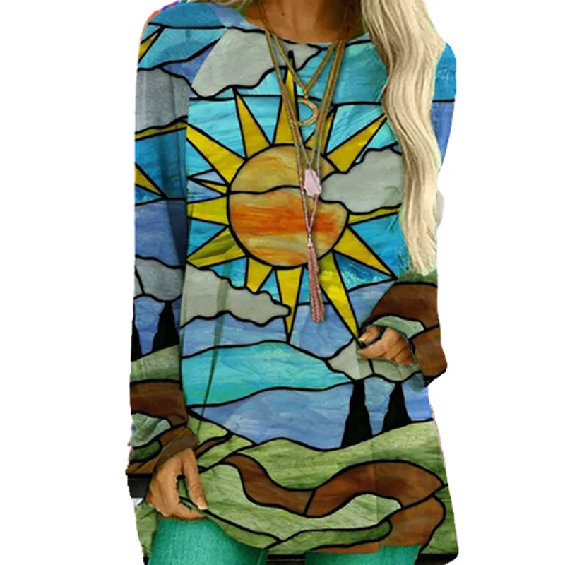 

2020 Autumn New Irregular Retro Character Animal Print T-shirt Women Casual O-Neck Long Sleeve Tops Loose Plus Size Streetwear