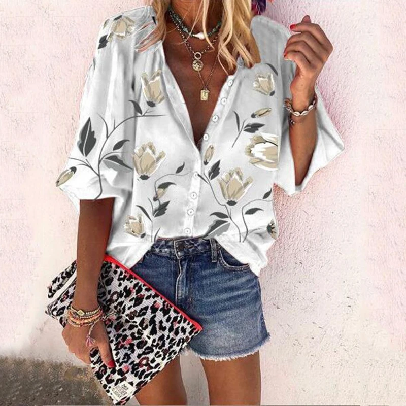 

Turn Down Collar Long Sleeve Blouse Women Shirts Elegant Print Autumn Casual Office Button Shirt Tops