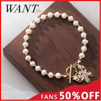 wantme real 925 sterling silver natural baroque pearl bead charm pav%c3%a9 zircon hollow butterfly bracelet for women wedding jewelry