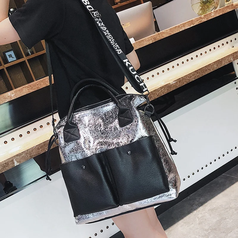 Large Capacity Women Bags Fashion Shopping Bag Double Pocket Girl Casual Tote Young Lady Handbags Shoulder Silver |