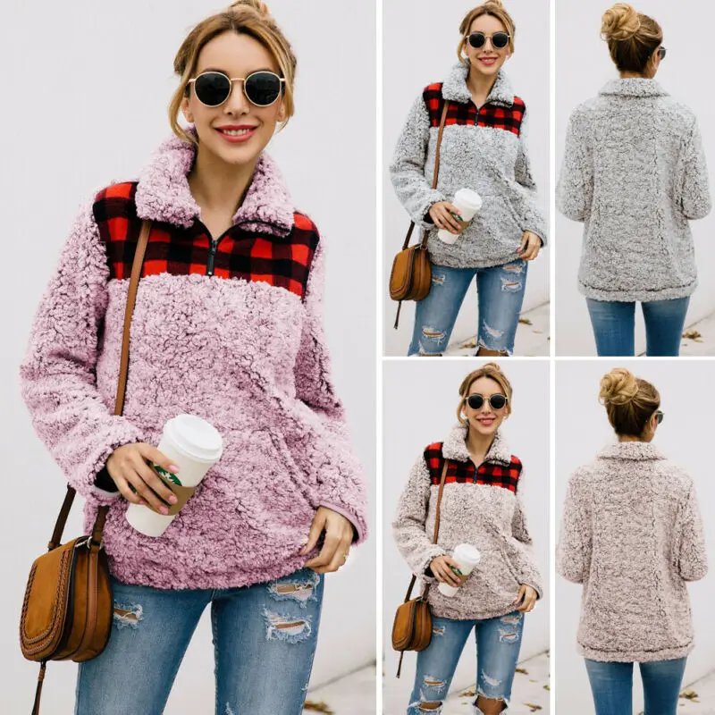 Goocheer Women Fleece Outerwear Fashion Plaid Patchwork Fluffy Thick Sweaters Warm Zipper Pullovers Winter Coat Sherpa Tops | Женская