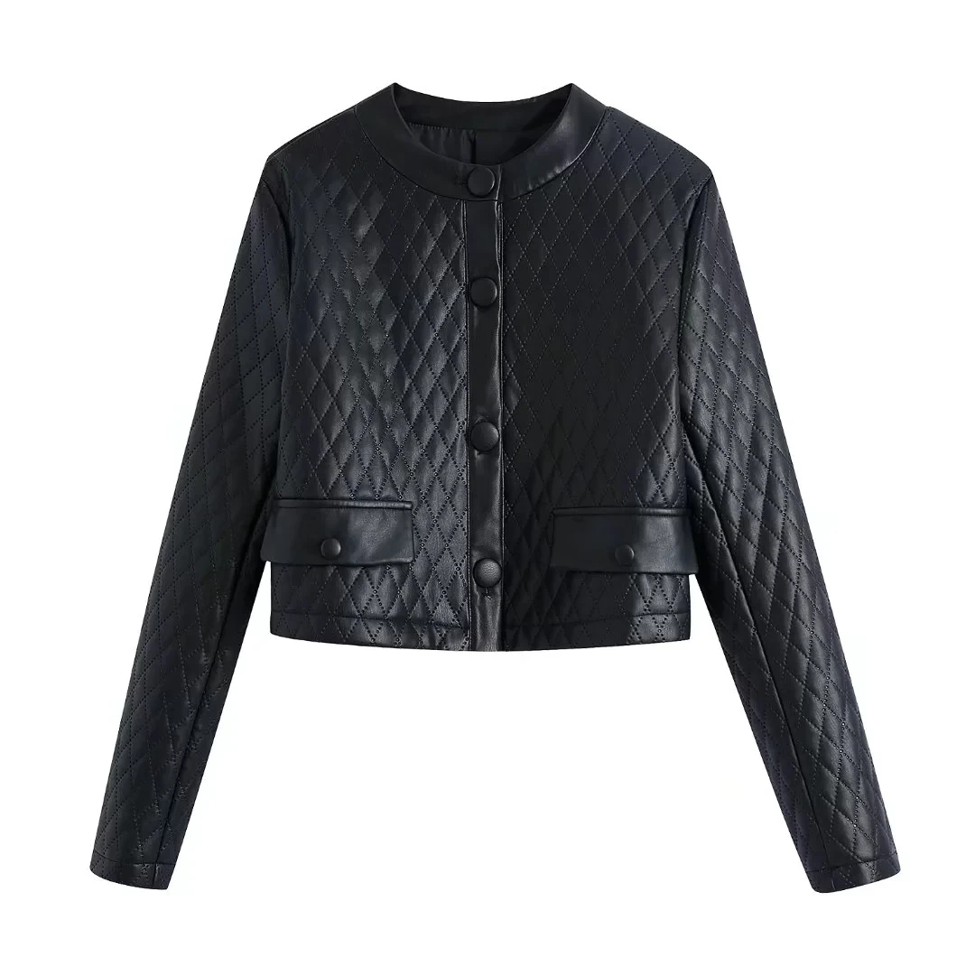

Woman 2021 Casual Traf Crop Tops Autumn Argyle Embossed Faux PU Leather Biker Jacket Single Breasted Short Coat