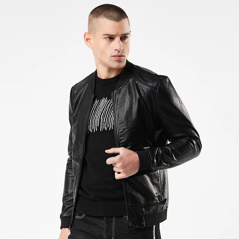 Куртка мужская из ПУ кожи приталенный Бомбер короткая байкерская куртка с