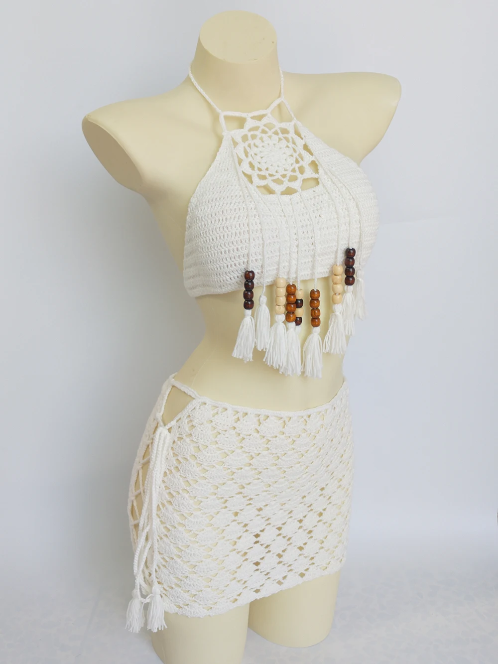 Сексуальное женское кружевное вязаное Бандажное бикини с высокой талией пляжная