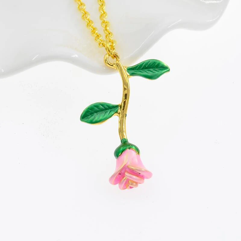 Pink Green necklace DoreenBeads модный эмалевый кулон для женщин, девушек, розовое золото, красный цветок розы, кулон 50 см(19 5/")-45 см(17 6/8"), длинный 1 шт - Metal Color: Pink Green necklace