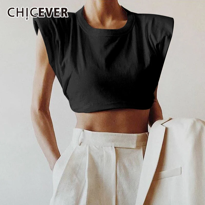 

CHICEVER Повседневная минималистская короткая футболка для женщин с круглым вырезом без рукавов с высокой талией тонкие футболки женская осен...