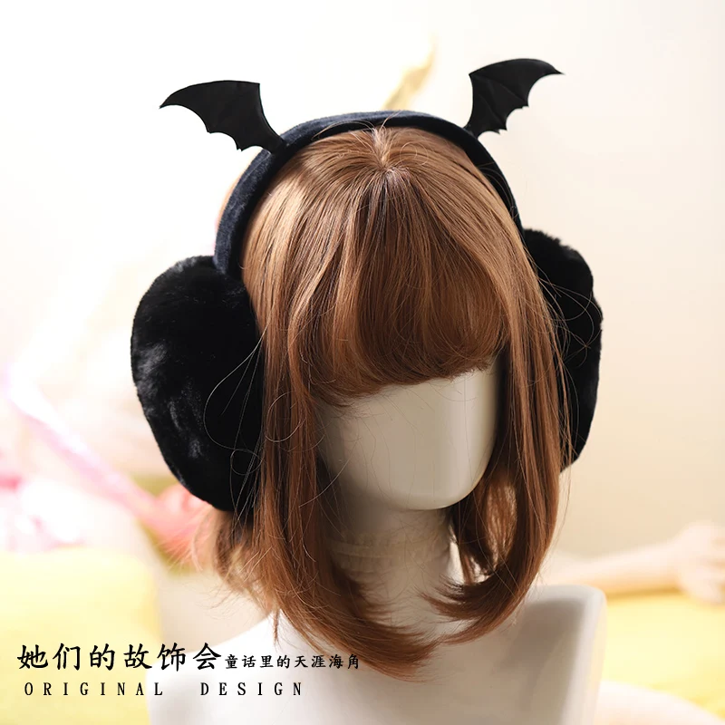 

Dark Girl Cute Plush Black Bat Wing Warm Earmuffs Gothic Women's Lolita Warmer Muff Ear Cover Lovely Fold Headband Accessories