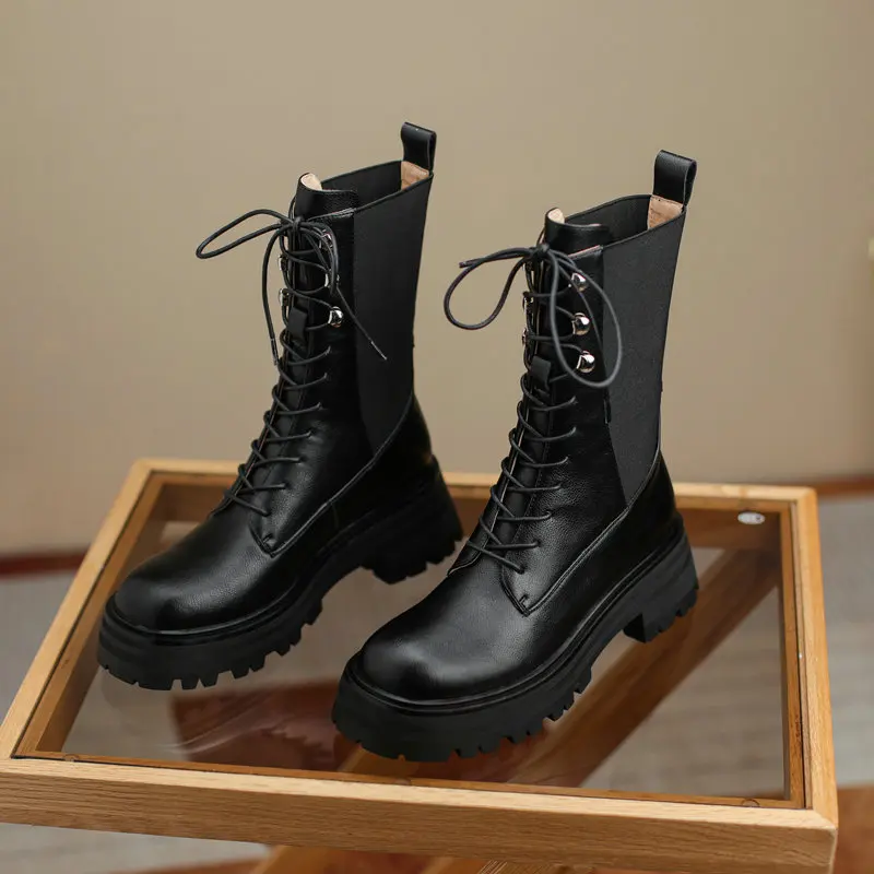 spesifikasi ESVEVA 2022 Sepatu Bot Wanita Kulit Asli Sepatu Bot Pergelangan Kaki Sepatu Musim Dingin Chunky Ukuran 34-39