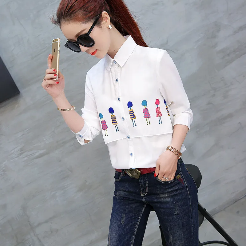 

Long Sleeve White Chiffon Blouse Womens Tops Cute Girl Printed Turn-Down Collar Button Up Casual Korean Spring Women'S Shirts