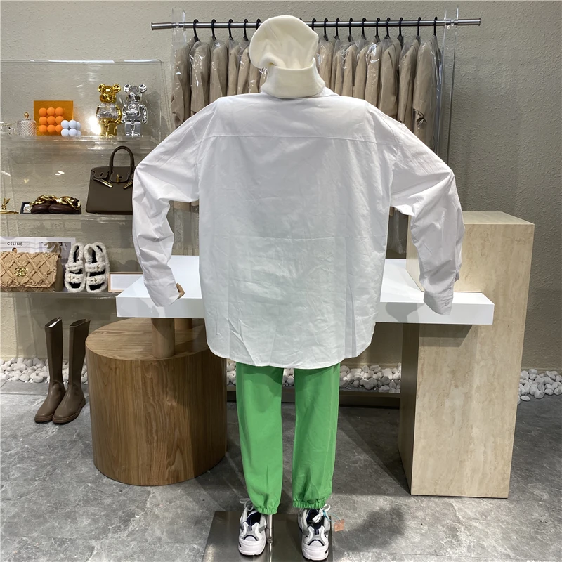 

Niche Design 2021 New Pocket Print Long Sleeve Medium Long Shirt + High Waist Tie Pants Suit