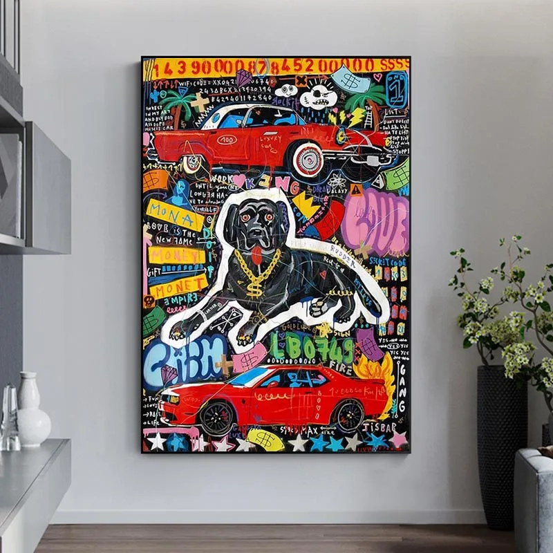

Street Graffiti Art Red Car Black Dog Canvas Painting Wall Posters and Prints Wall Art Pictures Living Room Home Decoration