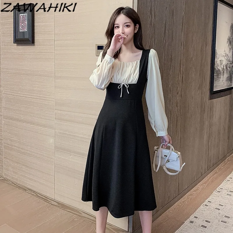 

ZAWAHIKI Autumn New French Vintage Dresses Bow Contrast Color Ropa Mujer Long Sleeve High Waist Square Collar Temperament Dress
