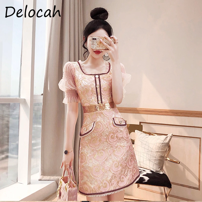 

Delocah Новинка 2021, летнее женское модное дизайнерское короткое платье с расклешенными рукавами, расшитое блестками и бисером, элегантные женс...