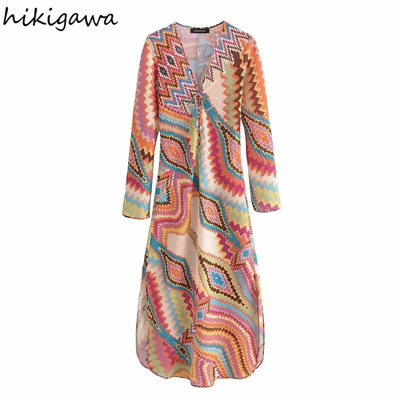 

Платье Hikigawa женское с V-образным вырезом, модное облегающее элегантное платье с длинным рукавом, с принтом в фольклорном стиле, с завышенной ...