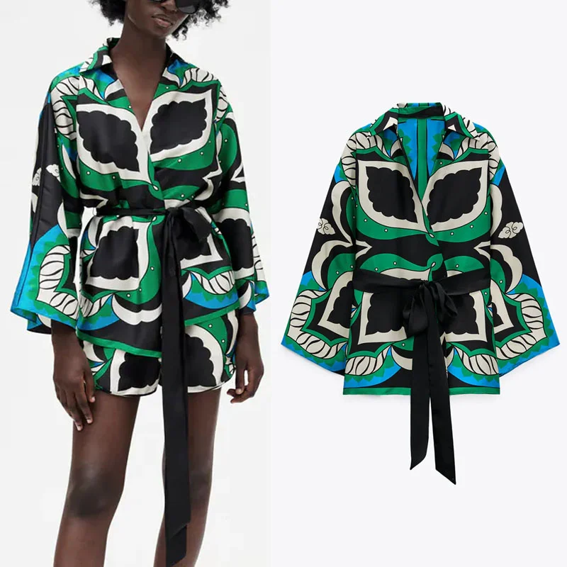 

2021 ZA и принтом в виде бантика блузки для женщин в винтажном стиле, с лацканами с v-образным вырезом Fulllong с длинными рукавами; Летние топы; Модн...