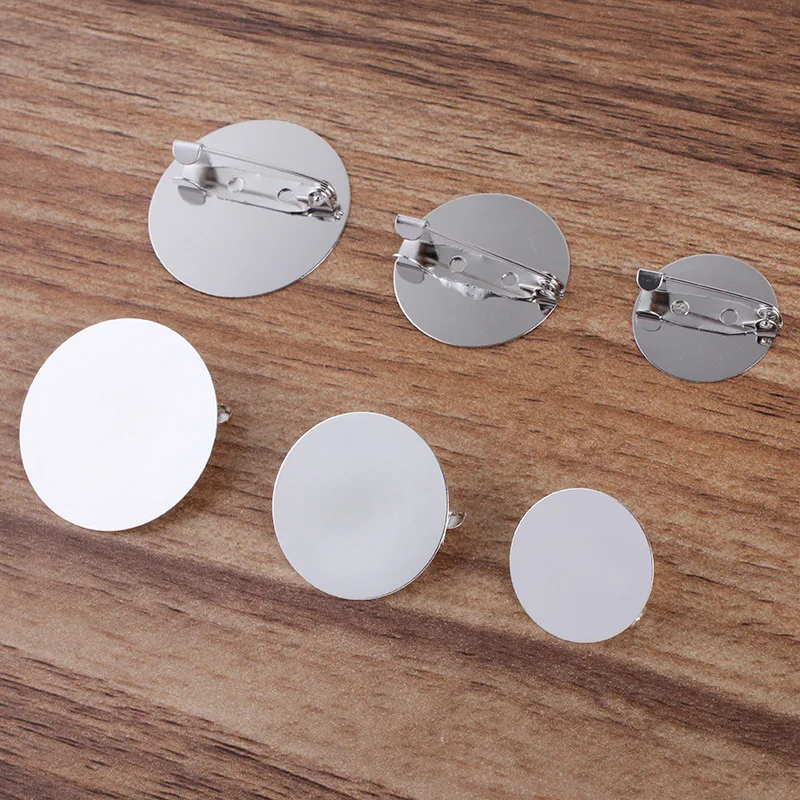 200pcs 20 25 30mm Brooch Clasps Pins Flat Circle Pad Bezel Blanks Cabochon Cameo Trays Pins Base Rhodium tone DIY Findings