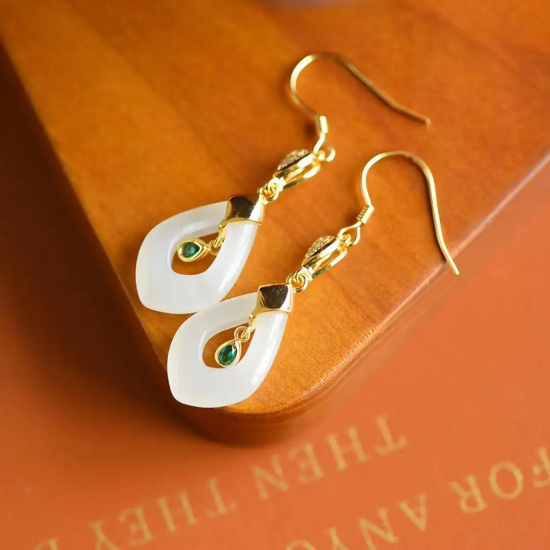 

Natural Hetian Jade White Jade Earrings S925 Sterling Silver Ancient Gold Inlaid Stone Distinctive Style Fashionable Simple