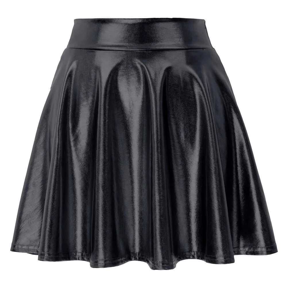 

2020 Women Short Shiny Skirts Pleated Imitated Leather Sexy Style Party Skirt Solid Color Mini Skirts Gold Black Shiny Skirt
