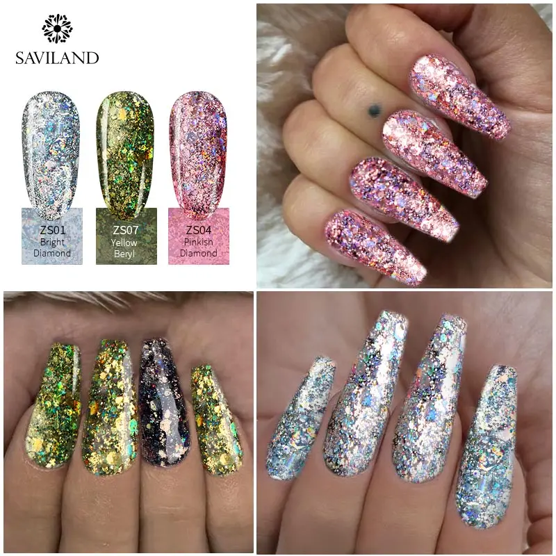SAVILAND 3D Shiny Diamond Nail Gel Polish Holographic Glitter LED UV Semi Permanent Gel Varnishes Soak Off UV LED Nail Art