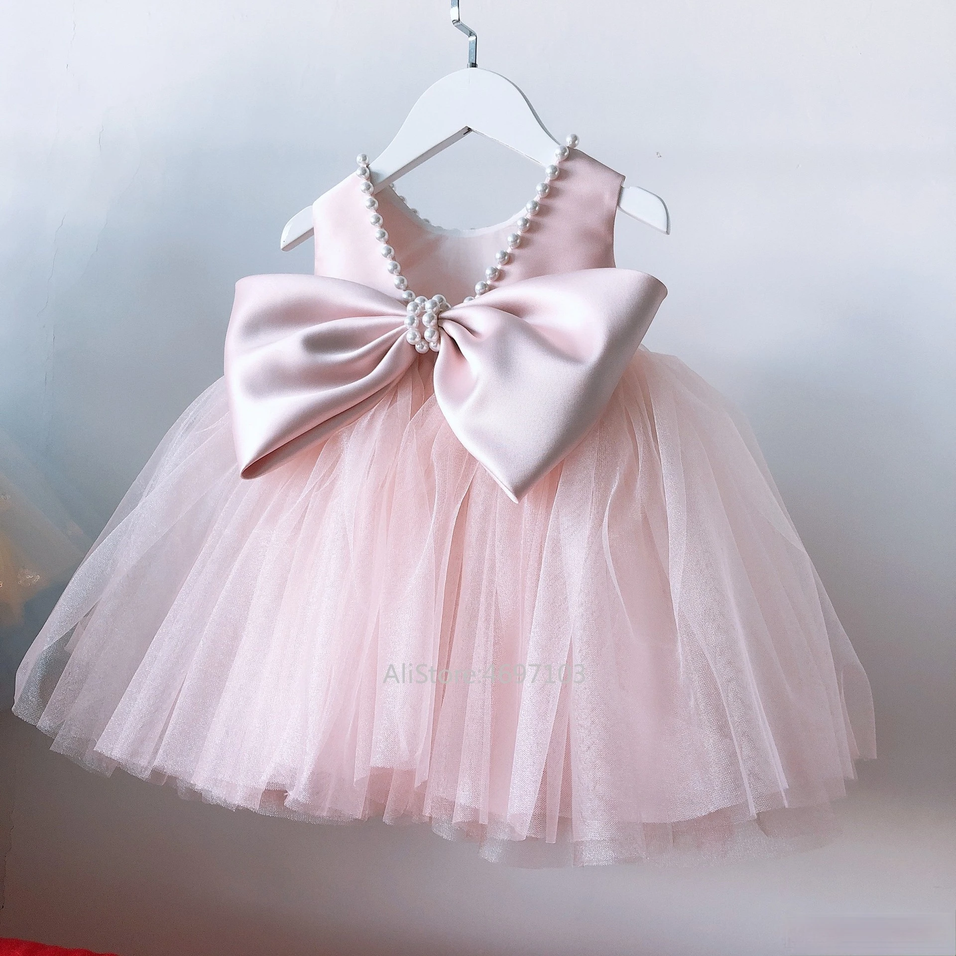 

Tailor-made Cheaper Real Knee Length Beading Ball Gown Flower Girl Dress for Weddings Bow-knot First Communion Dress Size 2-14Y