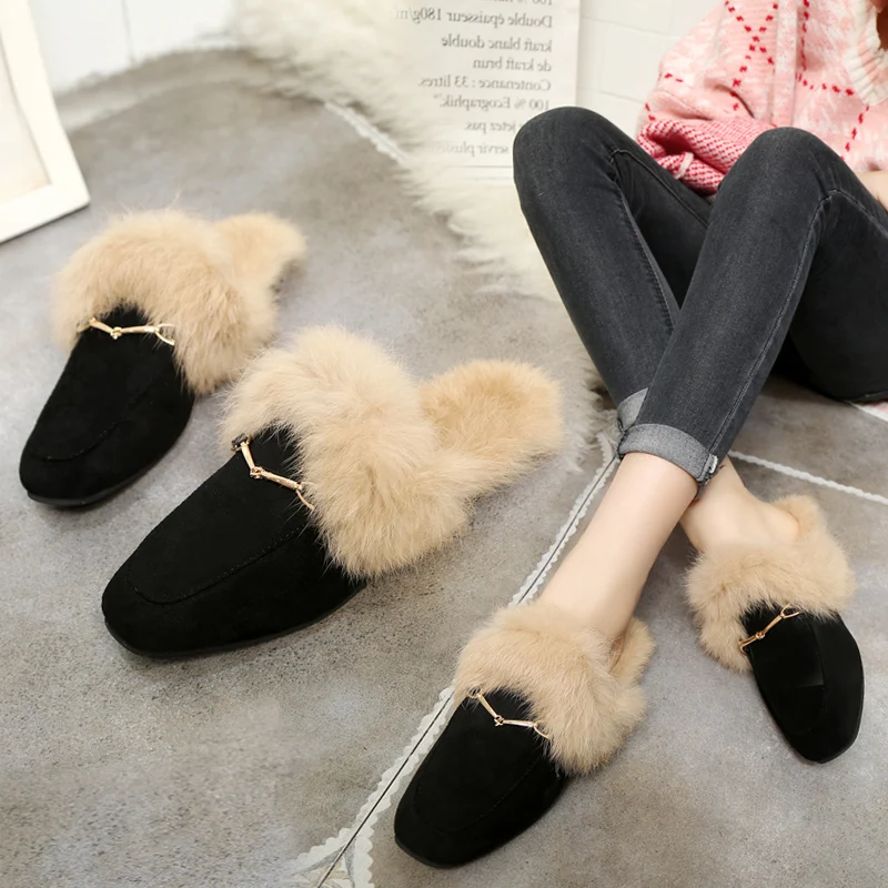 Женские пушистые тапочки 2019 женские милые металлические сандалии меховые зимние