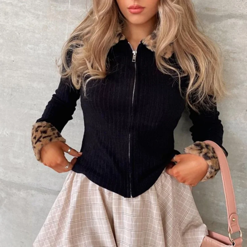 

Faux Fur Collar Cardigan Women Y2K Sweater Zipper Long Sleeve 2021 Dark Academia Knitwear Patchwork Black Knit Cropped Tops 90s