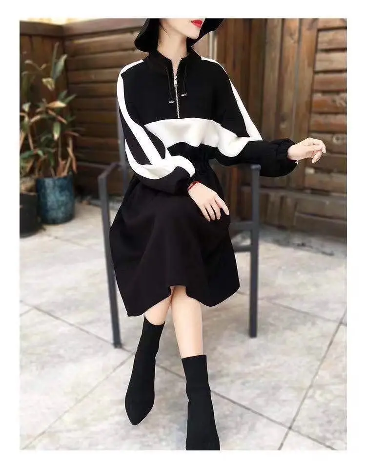 

2020 Spring Casual High Quality Women Stand Neck Color Block Patchwork Drawstring Waist Long Sleeve Cotton Dress Grey