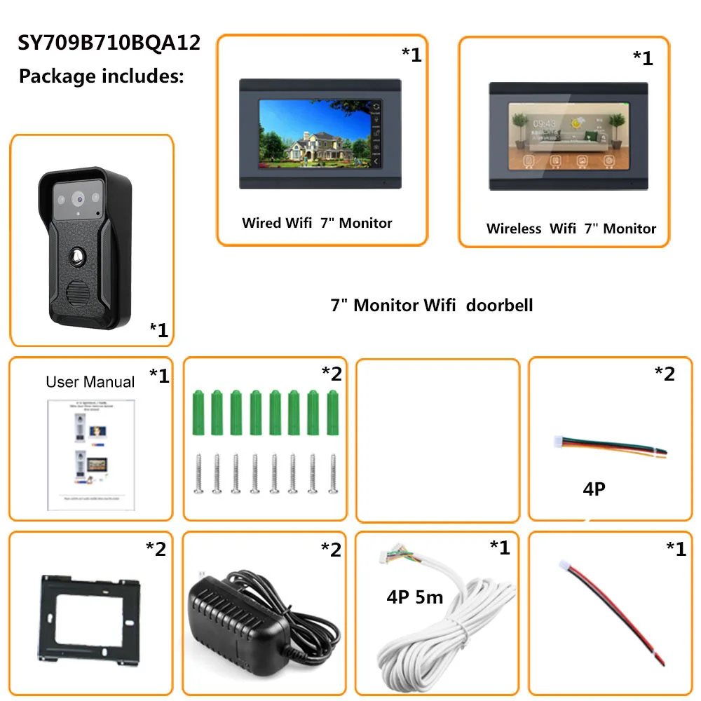 1080P 7 дюймов беспроводной/wifi умный IP видео дверной звонок Домофон с 3 ночного монитор для зрения+ 2 камеры